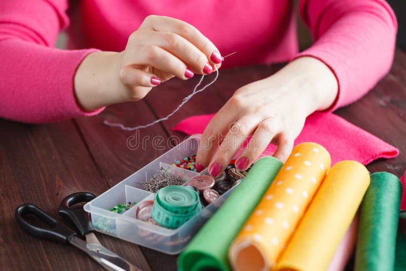 Sewing Craft Needle Textile Thread in Human Finger Stock Photo Image