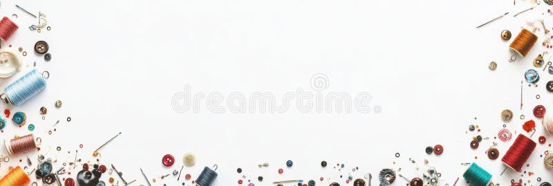 Sewing essentials like colorful threads, assorted buttons, and needles are thoughtfully arranged on a white background stock photo