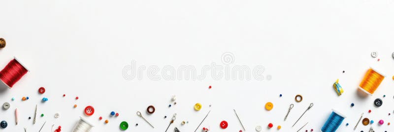Sewing essentials like colorful threads, needles, and buttons are laid out on a clean white surface, ideal for design stock images
