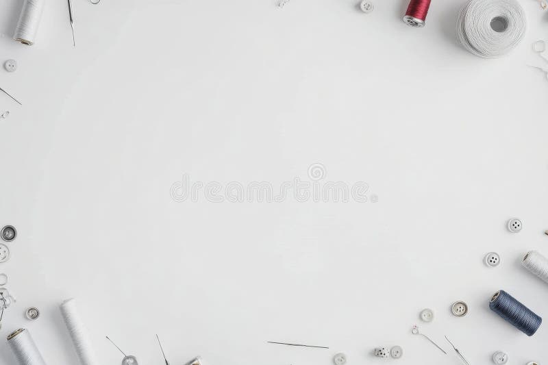 Sewing essentials like colorful threads, needles, and buttons are neatly organized on a white background, providing stock image