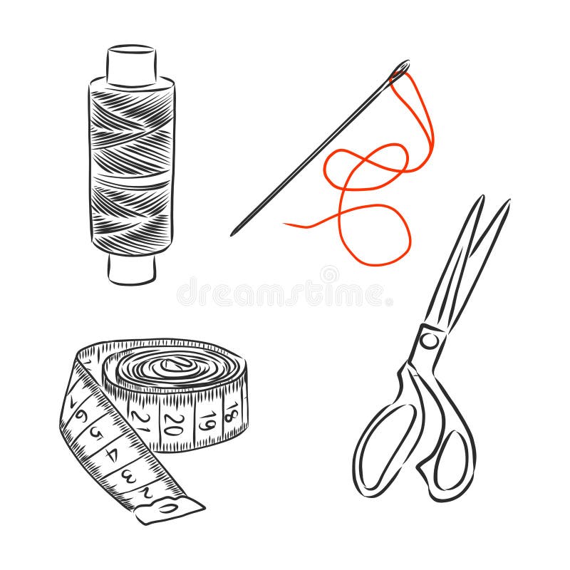 Sewing Kit Doodle, Sewing Tools Vector Sketch Illustration Stock Vector