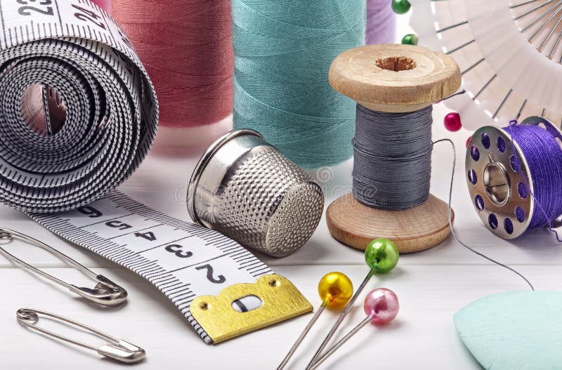 Needle, Thimble, Scissors, Thread And Knob Stock Image - Image of ...