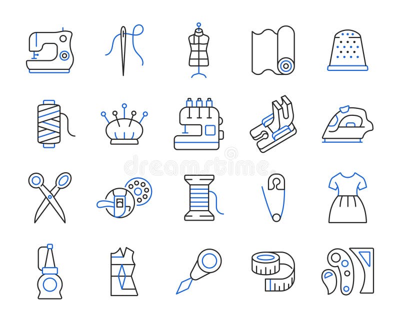 Sewing line color icon set. Vector collection with sewing machine, needle, textile, scissors, mannequin, pin, clothes, spool of royalty free illustration