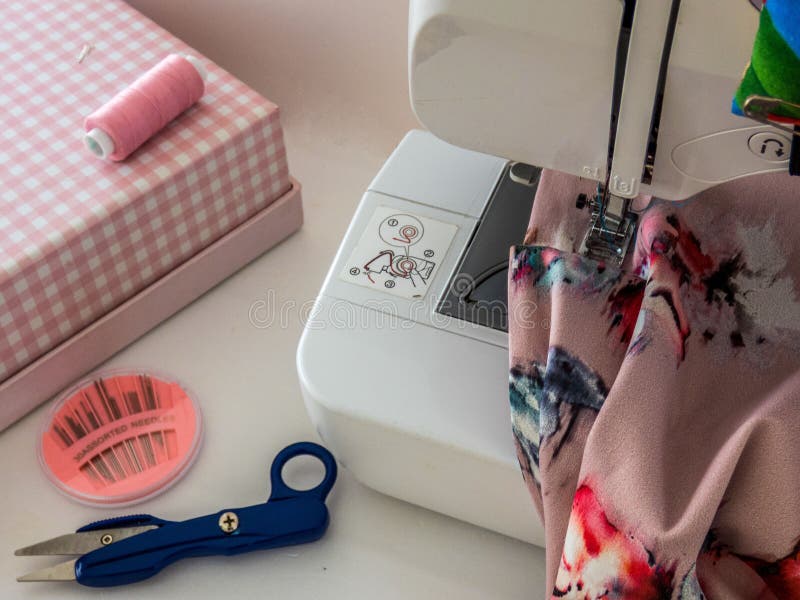 Sewing Machine, Fabric Cotton and Threads for Sewing.Close Up Stock
