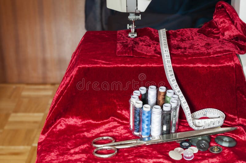 Sewing Machine with a Red Velvet Top Stock Photo Image of scissors