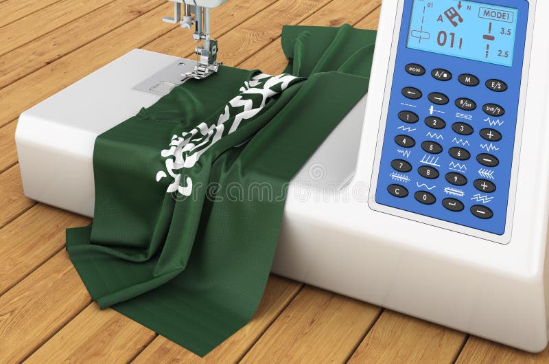 Sewing Machine with Saudi Arabian Flag on the Wooden Table Stock