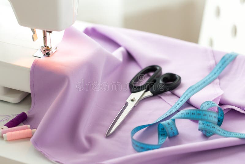 Sewing Machine, Scissors, And Tape Measure Stock Image Image of