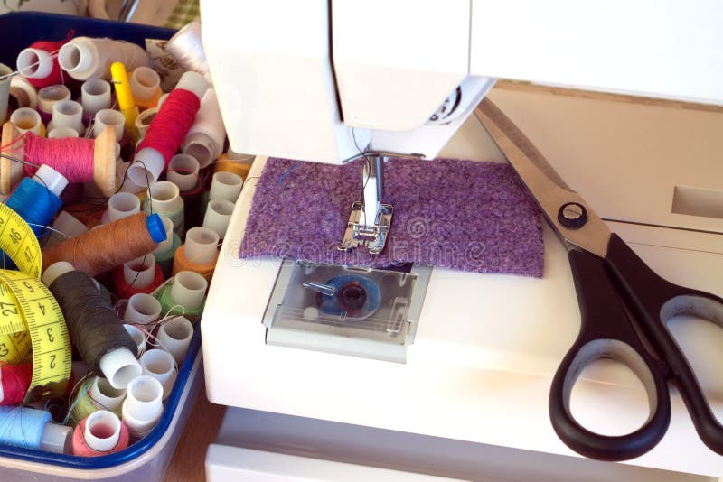 Sewing Machine and Sewing Accessories Closeup Stock Image Image of