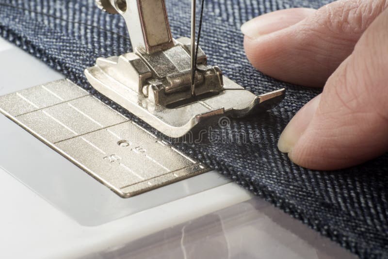 Sewing Machine Sews Denim Fabric Stock Image Image of closeup