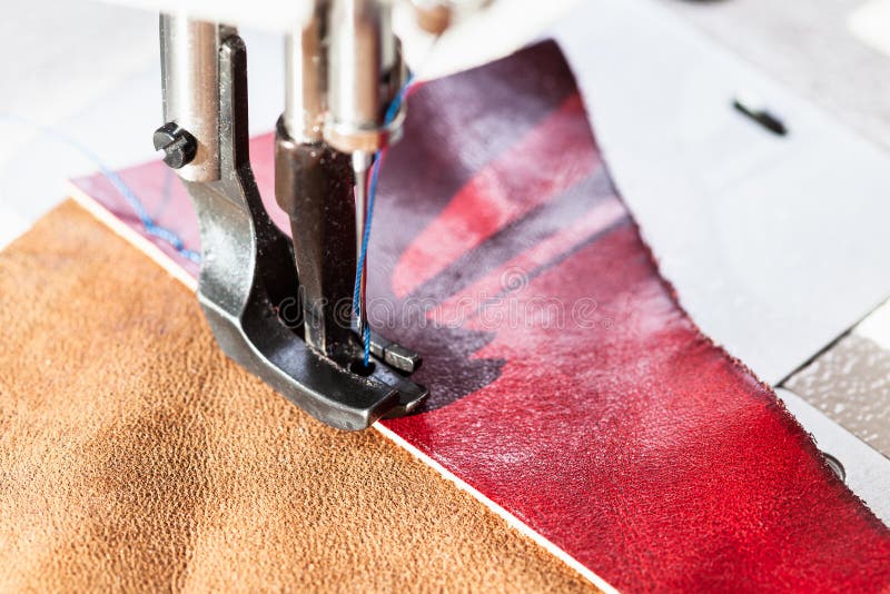 Sewing Machine Sews Leather Pieces Stock Image Image of stitching