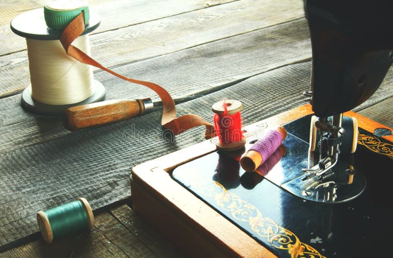 The sewing machine and tools. Vintage sewing. Closeup machine tool stock images, royalty-free photos and pictures