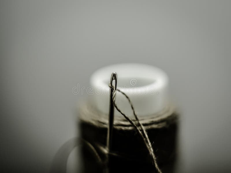 A sewing needle stuck in a spool of thread on a macro scale royalty free stock photo A sewing needle stuck in a spool of thread on a macro scale royalty free stock photo