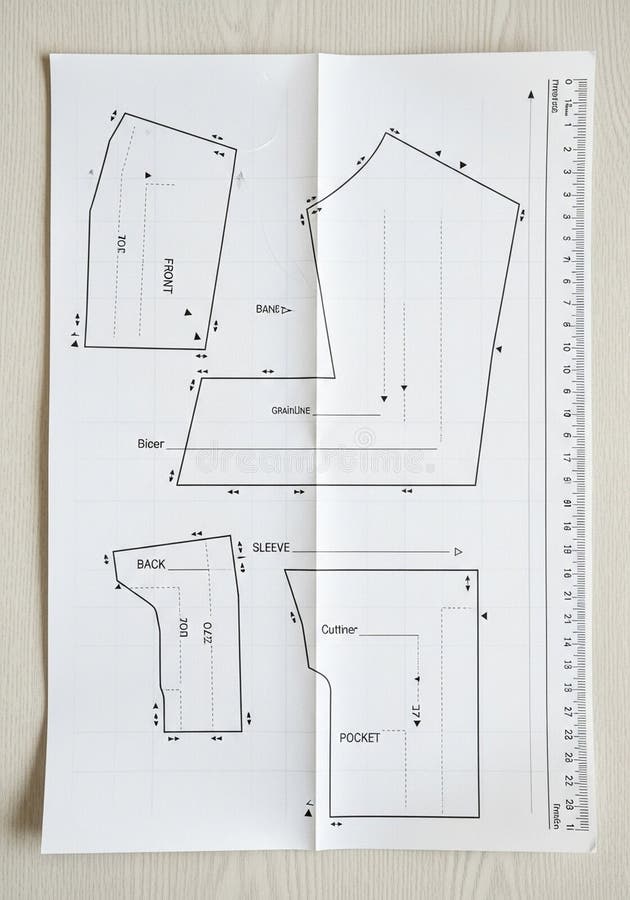 Sewing pattern sheet on a light wooden surface, with black printed outlines of vector illustration