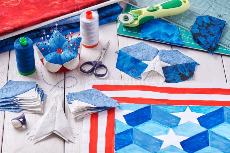 Sewing of Quilt with Stylized Elements of American Flag Stock Image