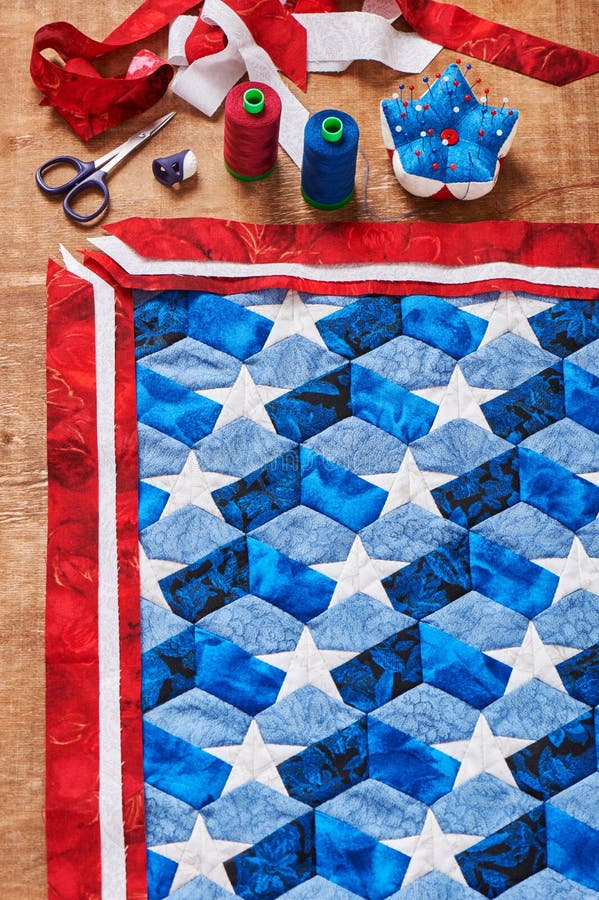Sewing of Quilt with Stylized Elements of American Flag Stock Image