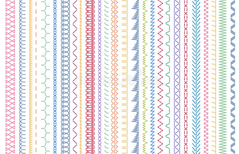 Sewing seams patterns. Embroidery craft sew pattern, fashion seam brush and colorful stitches stitched fabric vector