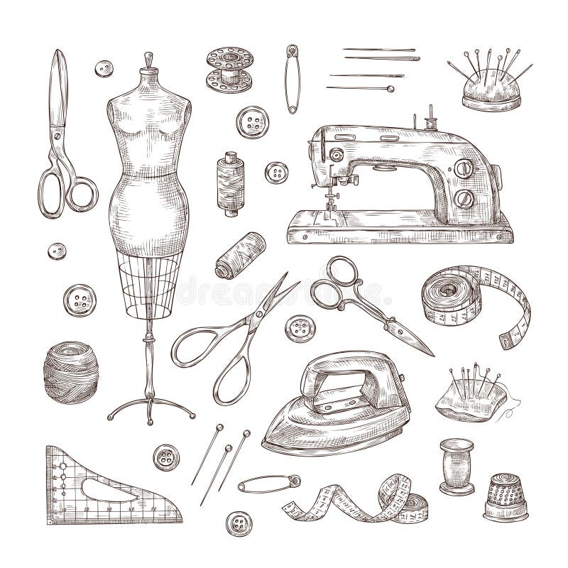 Sewing sketch. Tailor shop hand drawn sewing tool material vintage clothes needlework stitching dressmaker vector