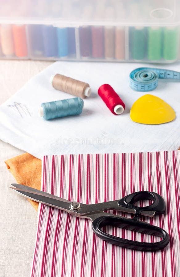 Sewing Supplies - Scissors, Thread on Fabric Stock Image - Image of ...