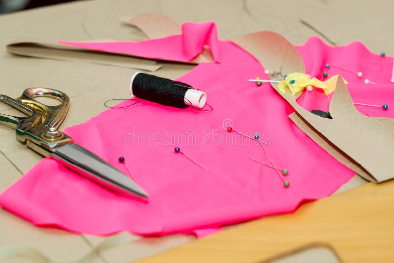 Sewing Textile or Cloth. Work Table of a Tailor. Textile Tools Stock Photo Image of cloth