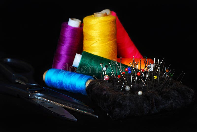 Sewing Thread,scissors and Thumbtacks Stock Image Image of home