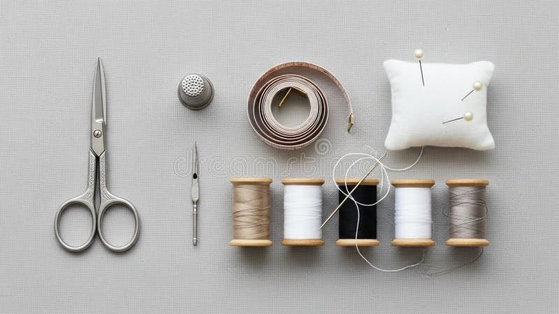 Wooden spools hold various colored threads beige white black gray and stock illustration