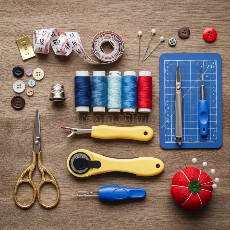 Scissors, seam rippers, and rotary cutter feature prominently, alon stock illustration