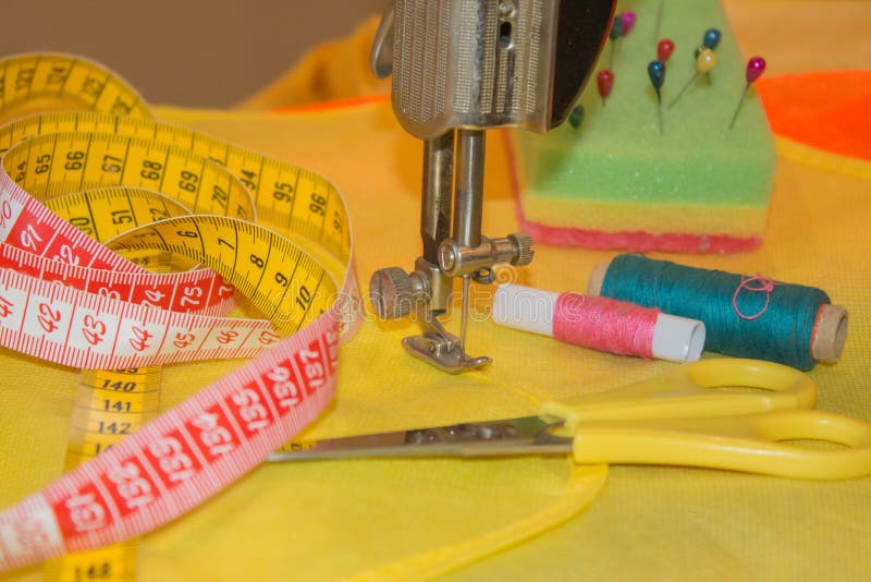 Sewing Tools and Sewing Kit. Thread, Needles and Cloth Stock Image