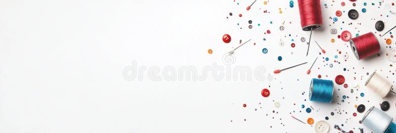 Sewing tools like colorful threads, needles, and buttons scattered on a clean white background, providing ample space royalty free stock photos
