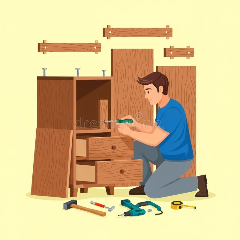 Sewing tools neatly arranged on a light wooden surface. Includes multicolored spools vector illustration