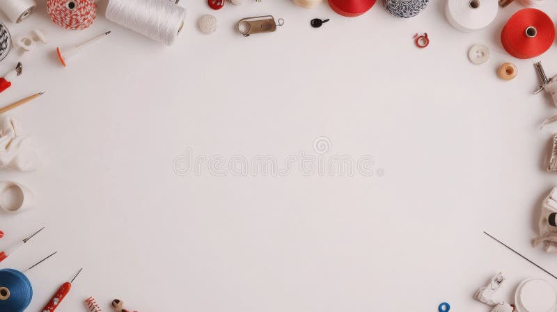 Sewing tools such as needles, colorful threads, and various buttons are neatly arranged on a white surface, ideal for stock photo