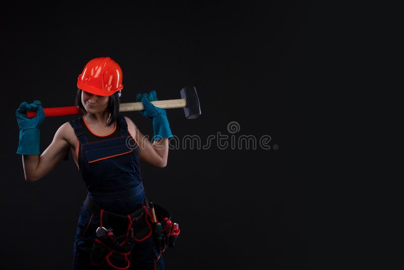 Sex Equality And Feminism Girl In Safety Helmet Holding Hammer Tool