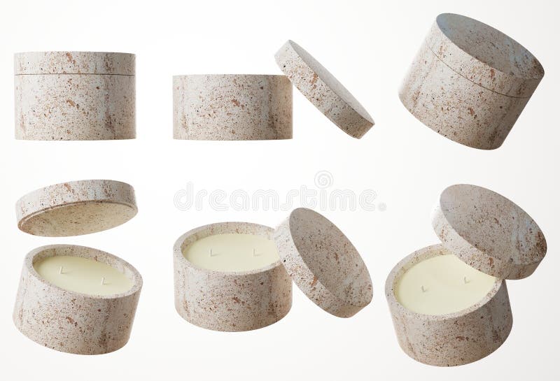 Set of six different angles of stone container candle with two cotton wicks in white concrete jar with lid 3D render, commercial product mock-up, branding and design ready concept isolated on white background. Set of six different angles of stone container candle with two cotton wicks in white concrete jar with lid 3D render, commercial product mock-up, branding and design ready concept isolated on white background