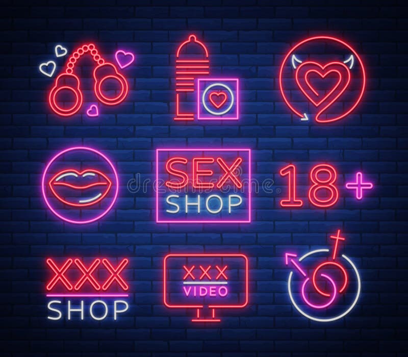 Sex Shop Set Of Logos Signs Symbols In Neon Style Collection Of Emblems Shop For Adults 