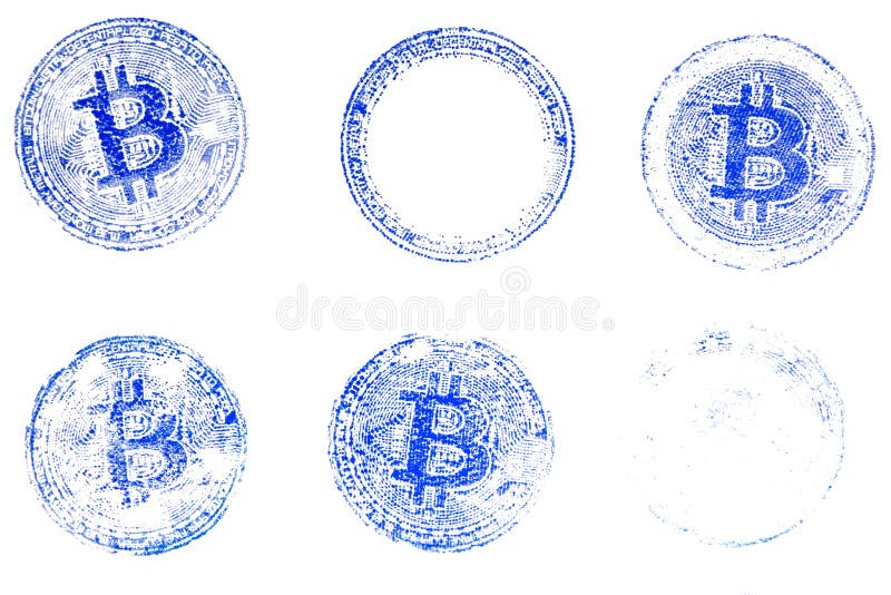 Sex varianter av de faktiska valutaBitcoin blåtten stämplar på vitbok För designen av dokument på den crypto valutan royaltyfri bild