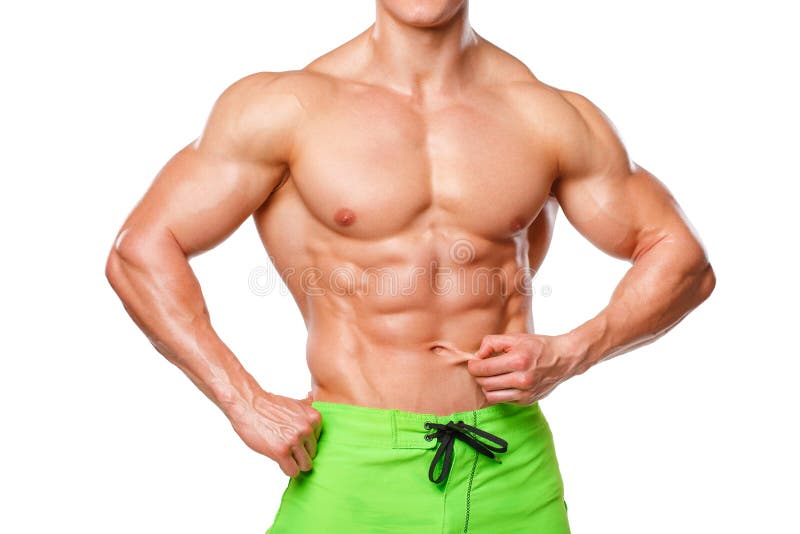 Sexig idrotts- man som visar buk- muskler utan fett som isoleras över vit bakgrund Muskulös manlig konditionmodellabs arkivfoto Sexig idrotts- man som visar buk- muskler utan fett som isoleras över vit bakgrund Muskulös manlig konditionmodellabs arkivfoto