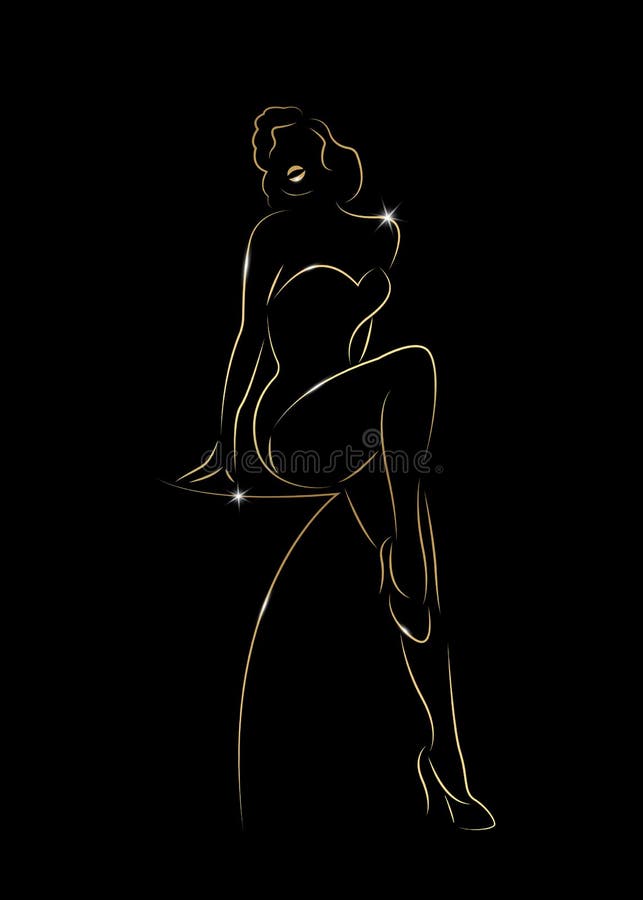 Sexig kvinnakonturdiva Hollywood som dras i den guld- guld- flickaöversiktsteckningen som är skinande i svart bakgrund, burleskt vektor illustrationer Sexig kvinnakonturdiva Hollywood som dras i den guld- guld- flickaöversiktsteckningen som är skinande i svart bakgrund, burleskt vektor illustrationer