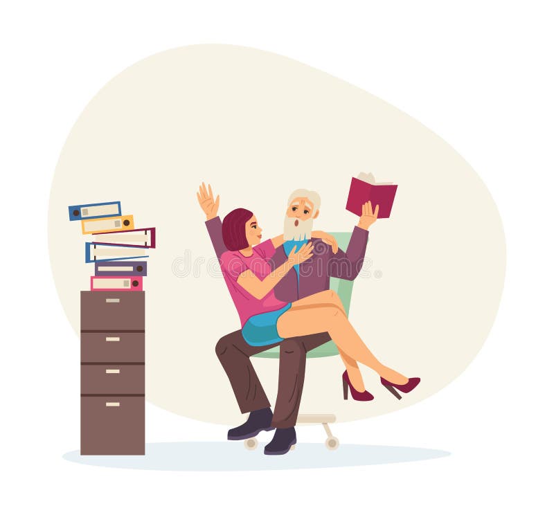 Sexuella trakasserier misshandel på kontoret. Flickan sitter på knä till äldre chef som läser bok. våld på arbetsplatsen royaltyfri illustrationer