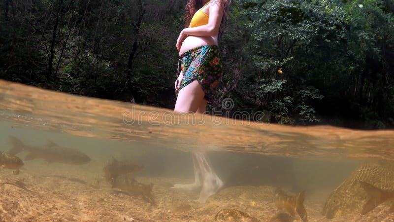 Sexy asiatische Schwangere in der Bikinistellung im tropischen Wasserfall. weibliche Spielen mit wild lebenden Fische im Wasser. S