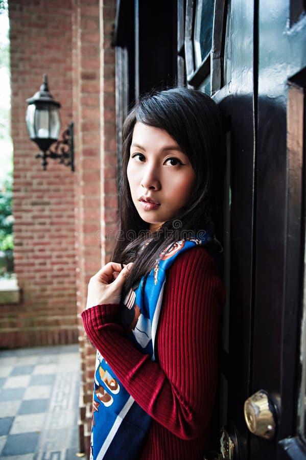 And Beautiful Asian Girl In Red Sweater Stock Image Image Of Floral
