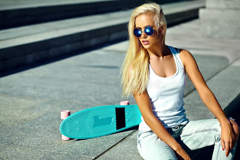 Beautiful Blonde Model with Skateboard Stock Image - Image of bright ...