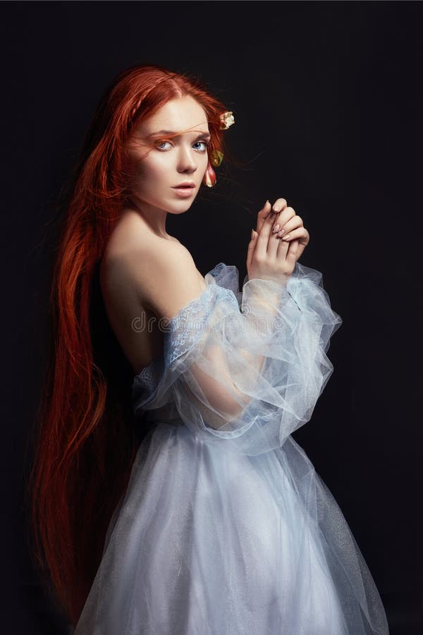 Beautiful Redhead Girl with Long Hair in Dress Cotton Retro. Woman ...