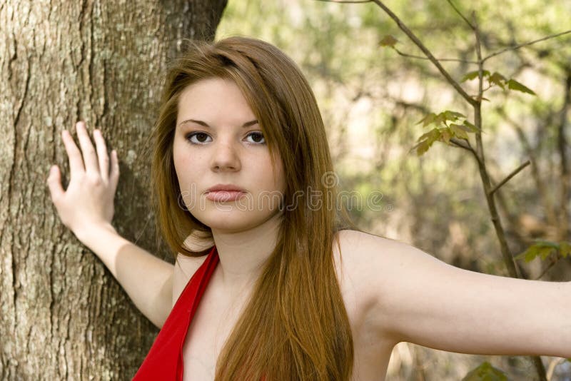 brunette in red dress