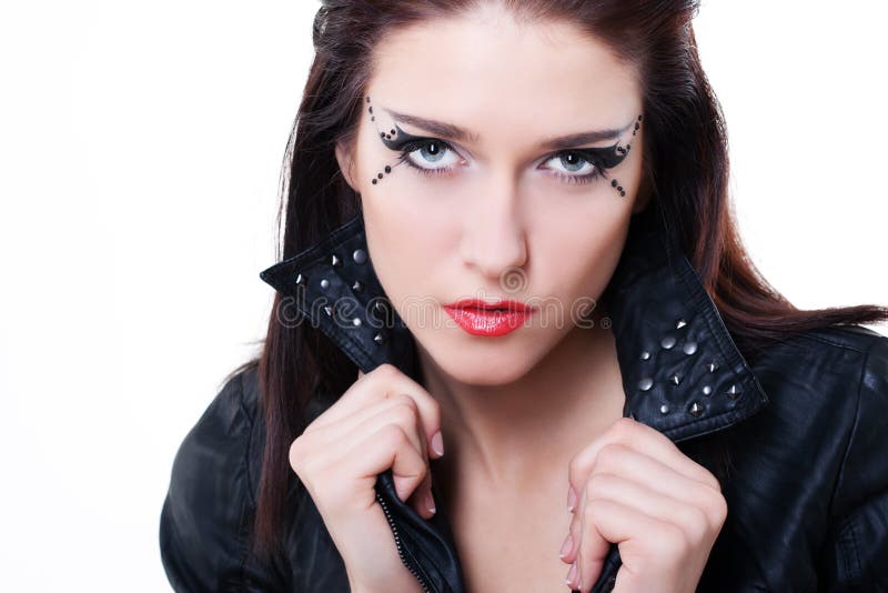 brunette woman in leather jacket