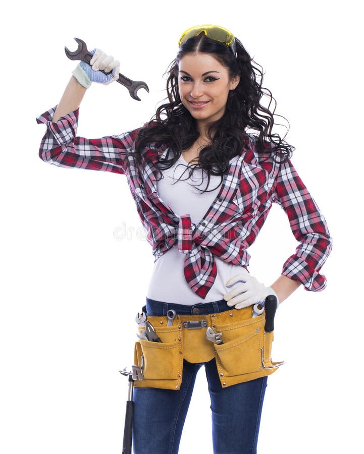 Audio. brunette woman mechanic with a wrench. 