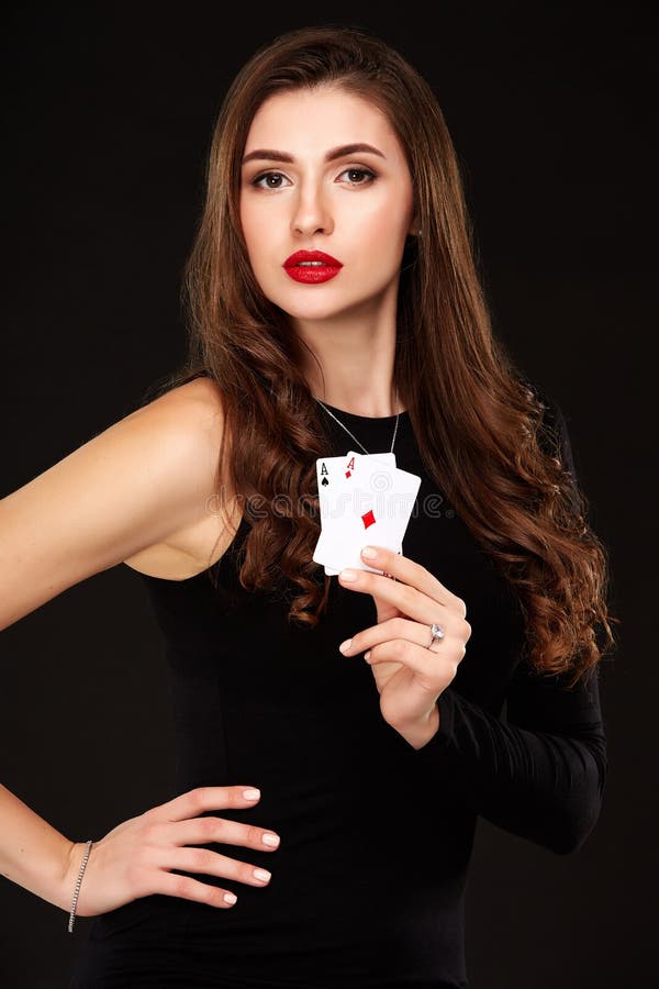 Curly Hair Brunette Posing with Two Aces Cards in Her Hands, Poker ...