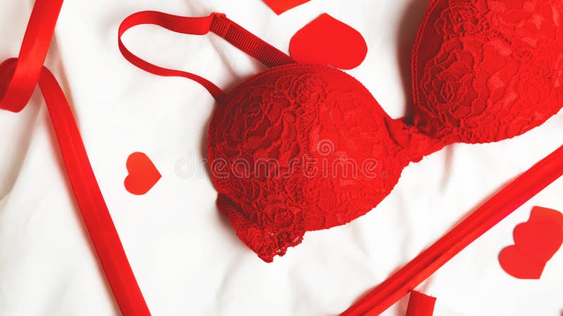 Elegant Lace Red Bra Lingerie on White Bed Background. Fashion, Love, Sex,  Valentine`s Day Concept Stock Image - Image of beauty, girl: 214883529