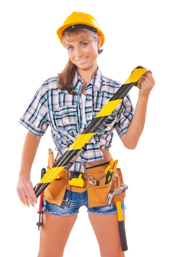 female construction worker holding caution tape.