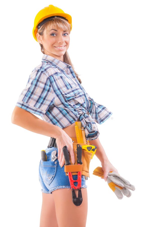 female construction worker over white.