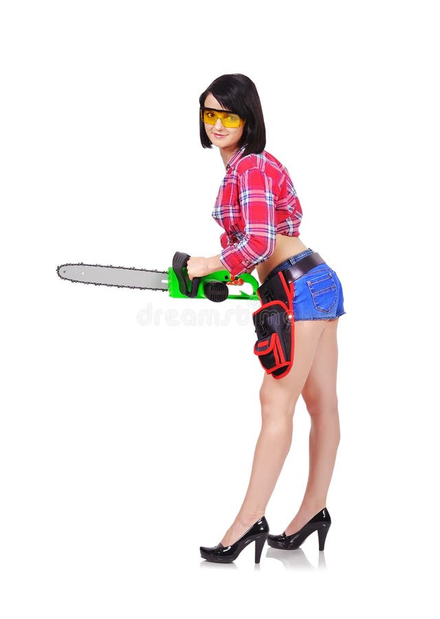 Girl with a chainsaw stock photo. Image of machine, industry 107287066