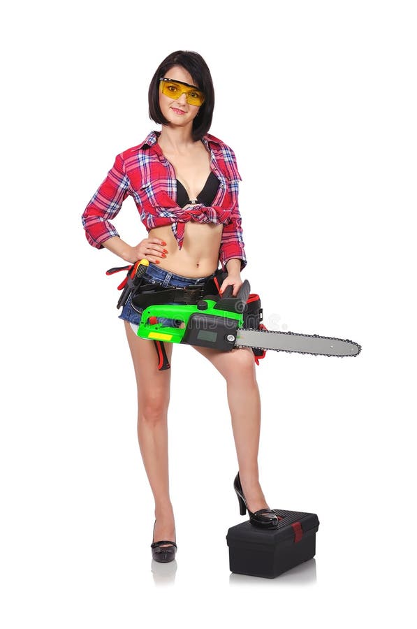 Girl holding chainsaw. 